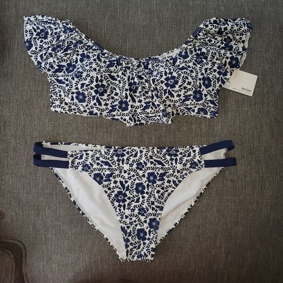 Kensie navy floral ruffle off the shoulder XL swim